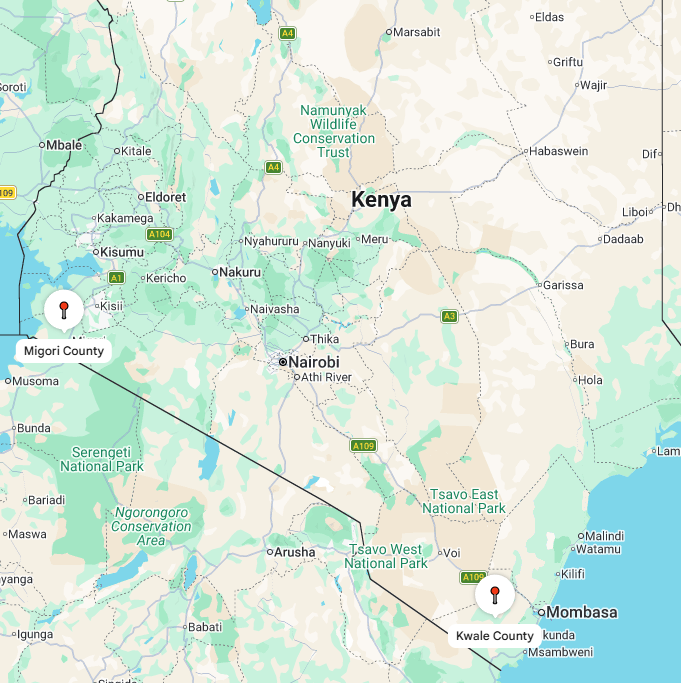 map showing the locations of Migori and Kwale counties in Kenya