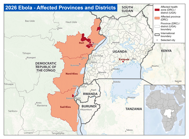 a map showing the areas where Ebola cases have been reported
